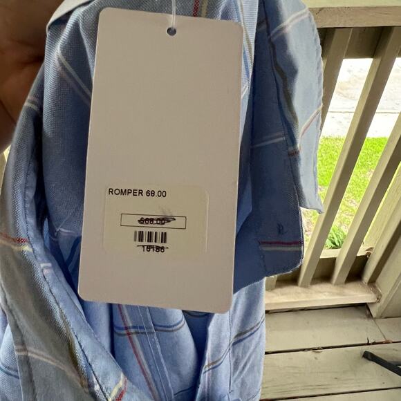 Things Between Blue Plaid Cotton Oxford Shorts Romper L NWT - Picture 5 of 5